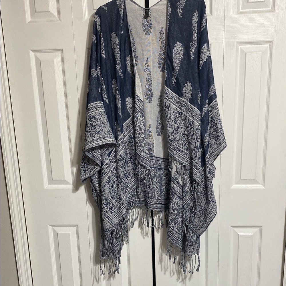 Blue & cream fringe shawl wrap cover top ONE SIZE